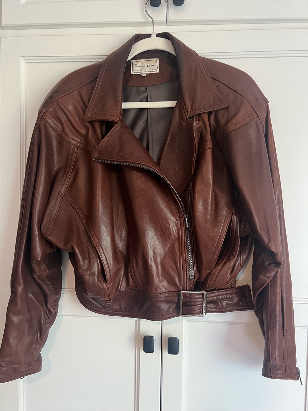 Christian Lauren Vintage Brown Leather Cropped Biker Jacket with Belt